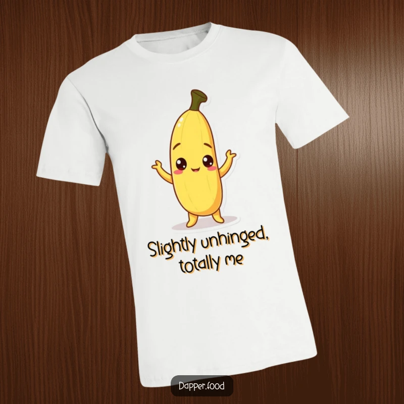 Funny Banana T-Shirt with a curious banana character striking a comical pose with its peel playfully askew, perfect for casual, humorous wear.