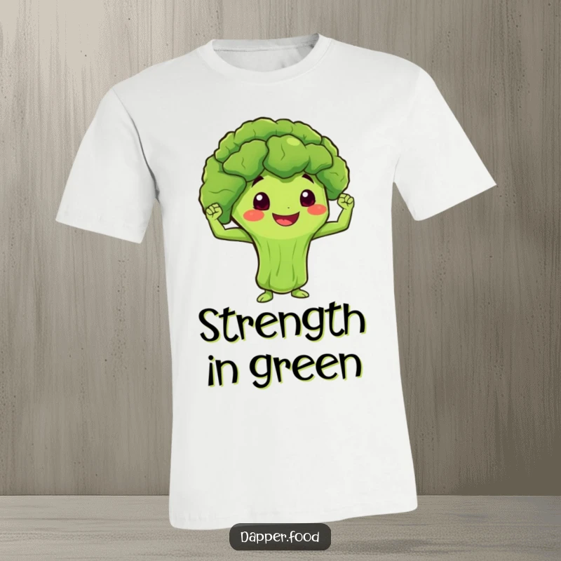Funny T-Shirt with a smiling broccoli character, determined expression, flexing miniature muscles, promoting fitness.