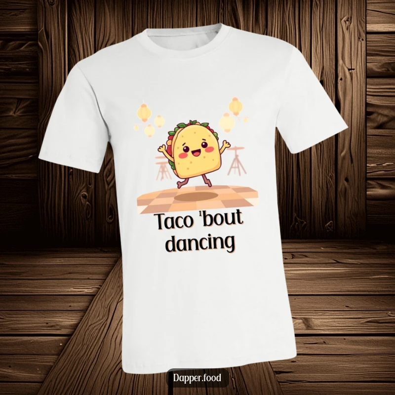 Funny T-Shirt with a happy taco character dancing a salsa jig with legs on a vibrant dance floor.