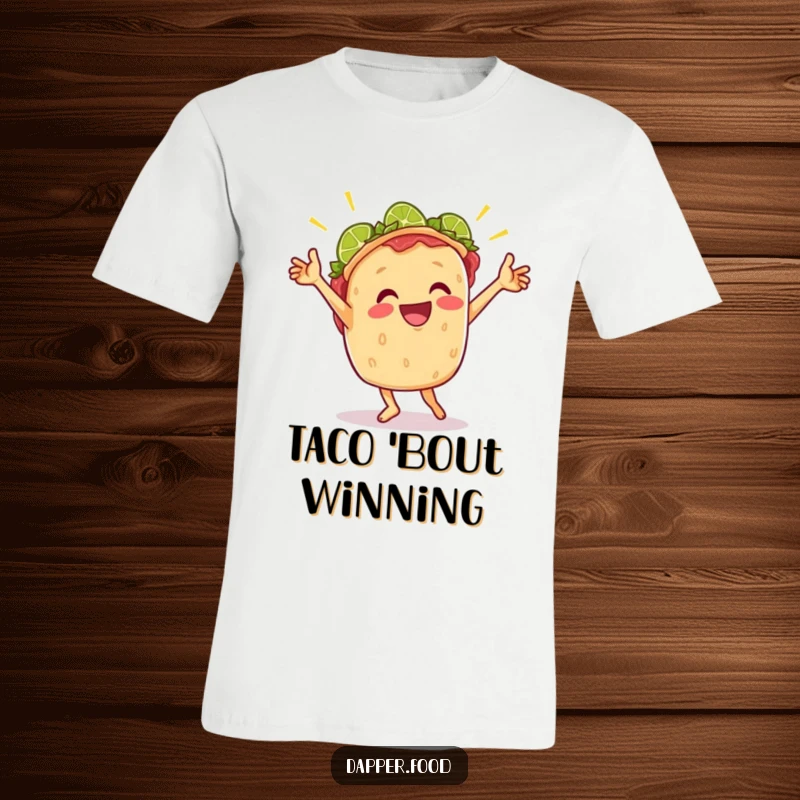 Funny t-shirt featuring a cheerful taco in a joyful victory dance, surrounded by lime wedges, radiating pure happiness.