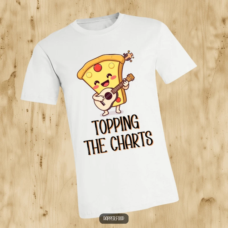 Funny t-shirt featuring a smiling pizza slice character playing a ukulele, perfect for music lovers and pizza fans. Humorous design.