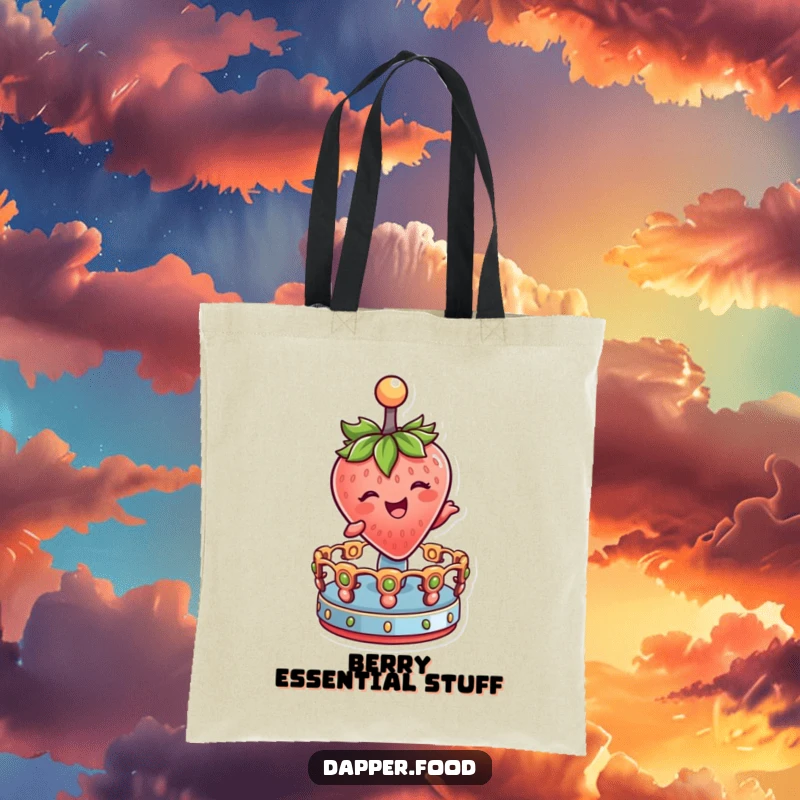 Funny Tote Bag showing a delighted strawberry character winking while joyfully spinning on a miniature merry-go-round.
