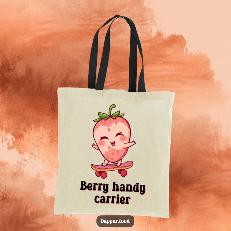 Funny strawberry tote bag with a winking strawberry character riding a tiny skateboard, a cool and humorous accessory.