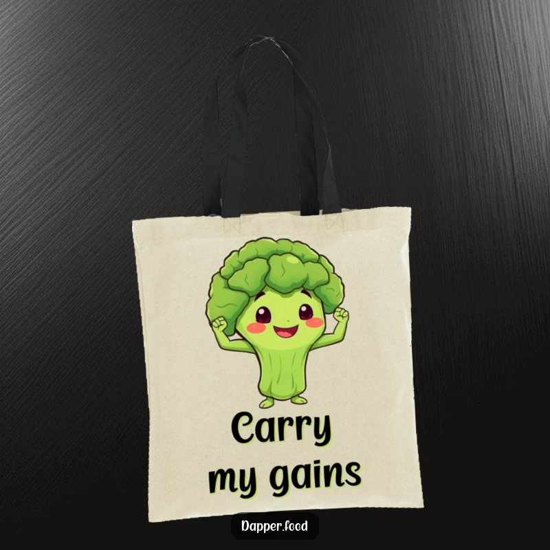 Funny Tote Bag showing a smiling broccoli character flexing miniature muscles with a determined look.