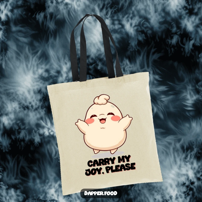 Funny Dumpling Tote Bag: A plump, giggling dumpling character bouncing with delight, perfect for carrying items with humor.