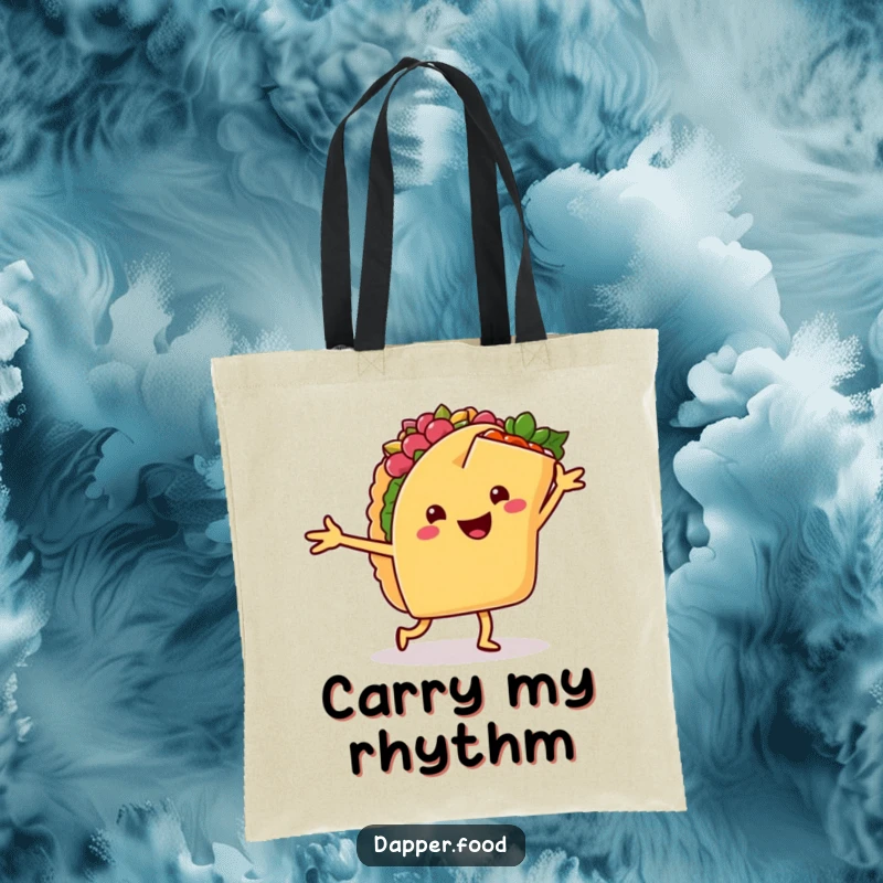 Funny tote bag with a happy taco dancing salsa with a cheerful burrito, ideal for carrying items with festive, humorous energy.