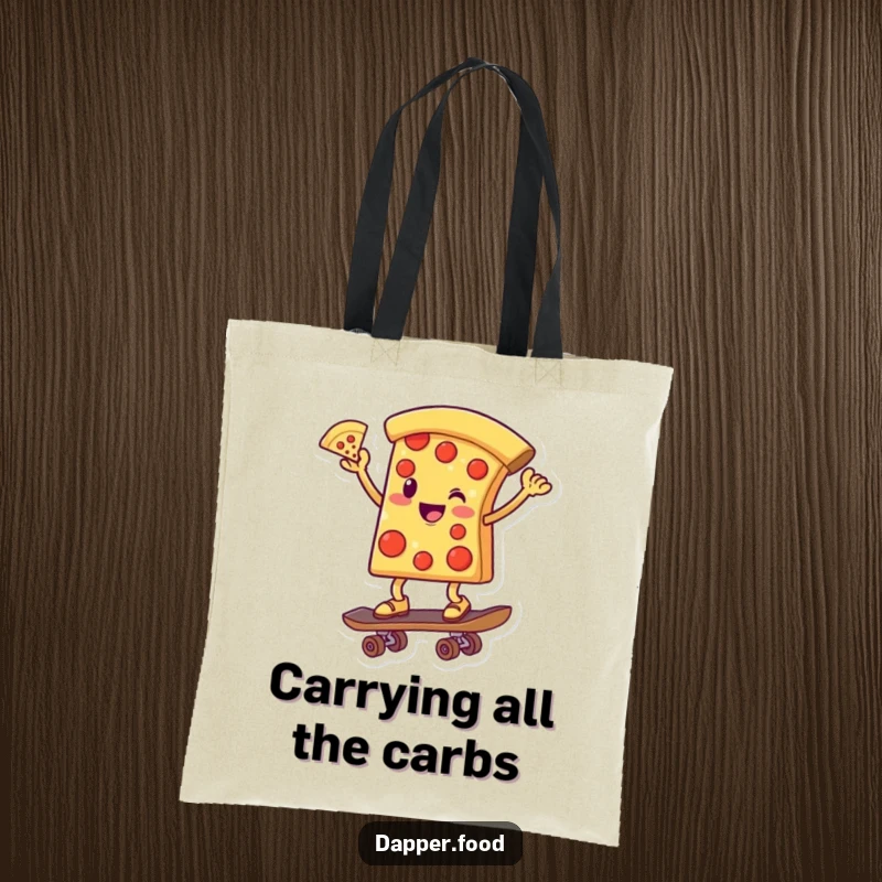 Funny tote bag showing a smiling pizza slice character balancing on a skateboard, one slice up, ready for adventure.
