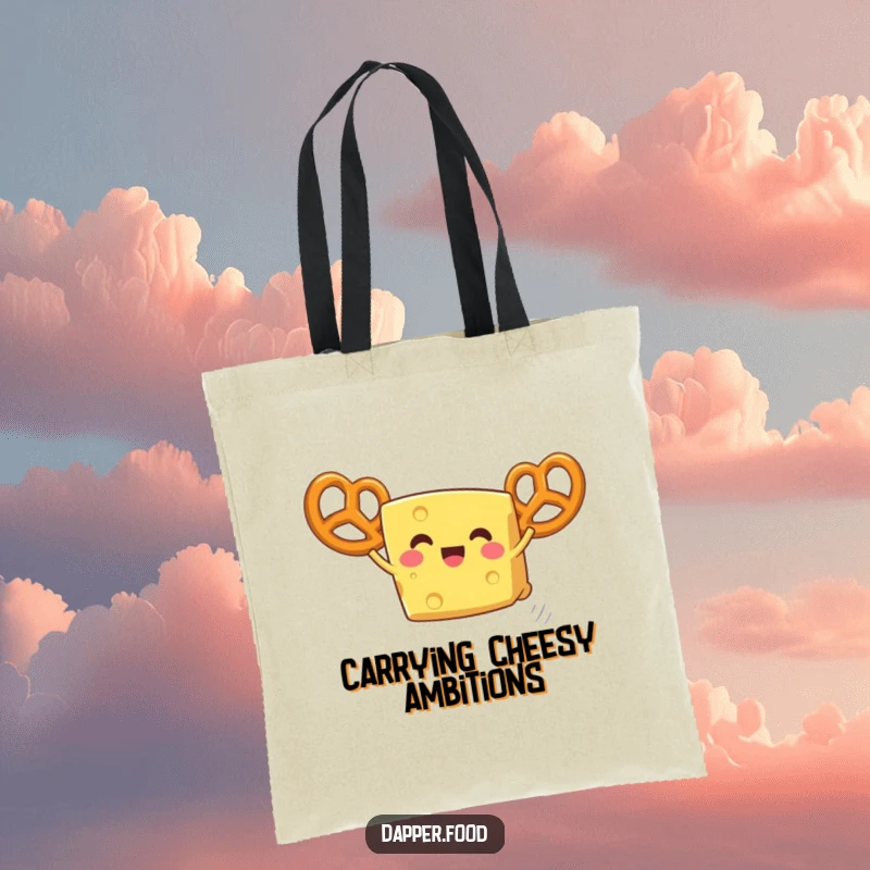 Funny cheese tote bag, a delighted piece using pretzel wings for an ambitious flight, full of cheesy dreams.