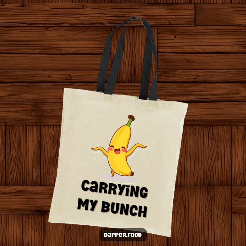 Funny banana character doing a cartwheel, peel flying, on a practical and stylish tote bag.