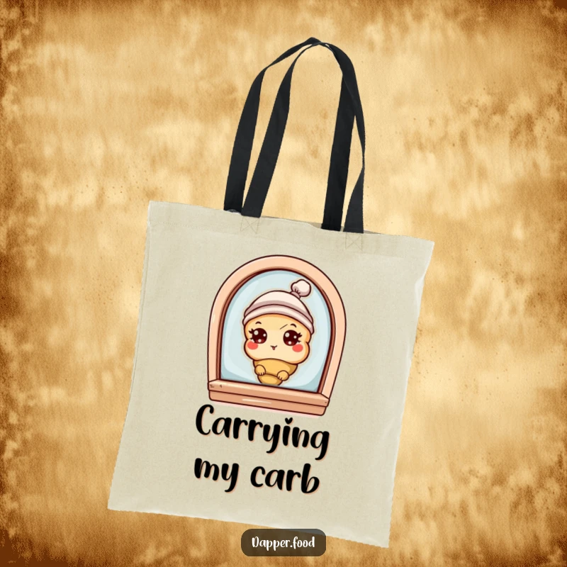 Funny tote bag showing a curious croissant character with eyes and a tiny hat, peeking from a bakery window, for everyday use.