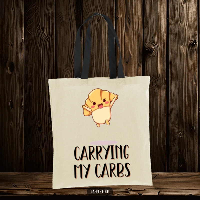 Funny Kawaii croissant character doing a cartwheel on a durable tote bag, perfect for stylish shoppers.