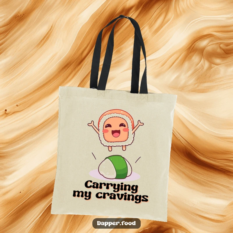 Funny tote bag illustrated with a smiling sushi slice making an epic leap over a rogue wasabi dollop for comedic effect.