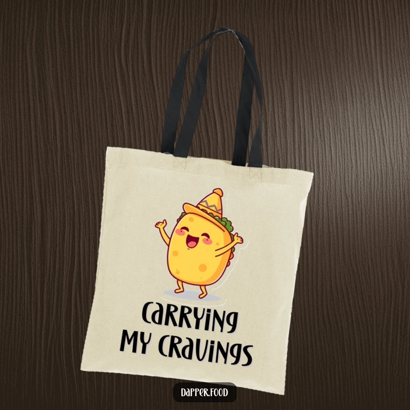 Funny Taco Tote Bag, happily dancing with a tiny sombrero, carrying fiesta spirit with humorous practicality.