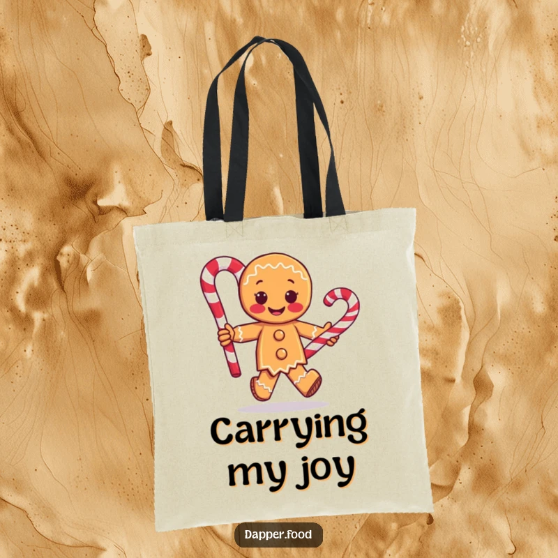 Funny tote bag illustrating a happy gingerbread man character running with a giant candy cane, perfect for carrying groceries with a touch of humor.