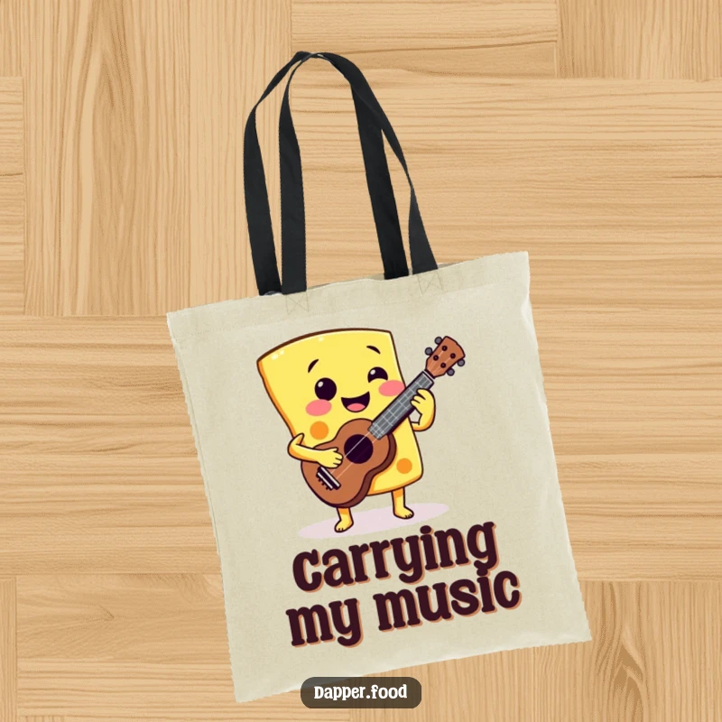 Funny Cheese Ukulele Tote Bag: A smiling cheese slice playing a miniature ukulele, ideal for carrying musical humor and making a funny gift.