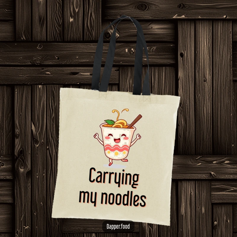 Funny tote bag with a smiling ramen cup character dancing with chopsticks, perfect for carrying noodle enthusiasm.