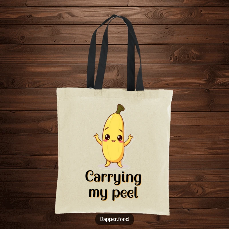 Funny Banana Tote Bag featuring a curious banana character with peel askew, striking a humorous pose, perfect for shopping and everyday carry.