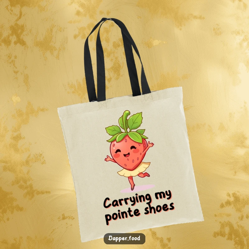 A happy strawberry character does a ballet twirl with its leaves on this funny tote bag, functional and cute.