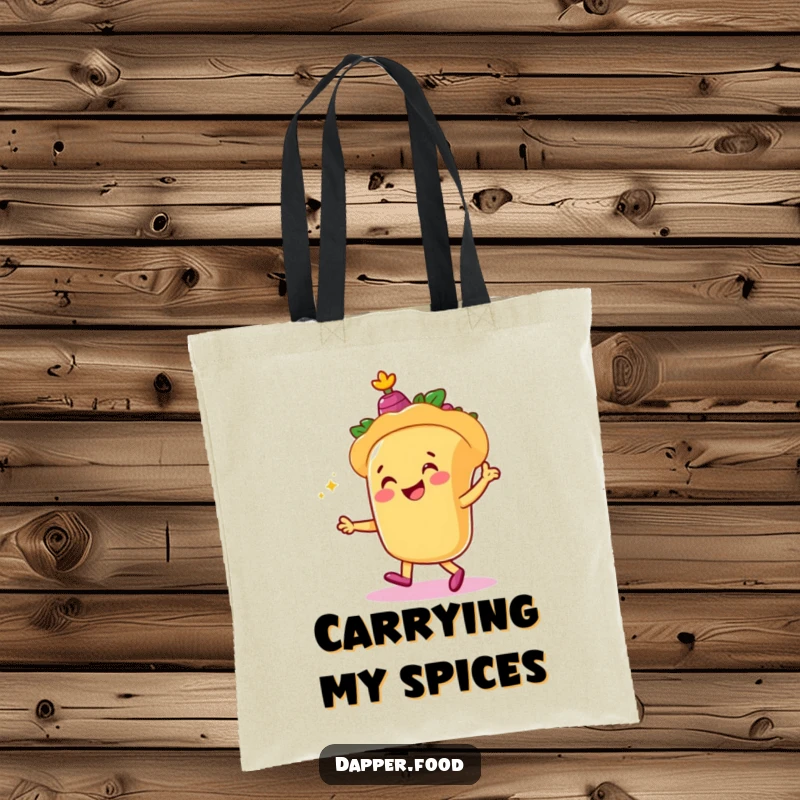 Funny tote bag depicting a happy taco character dancing with castanets, designed for practical use and spreading laughter.