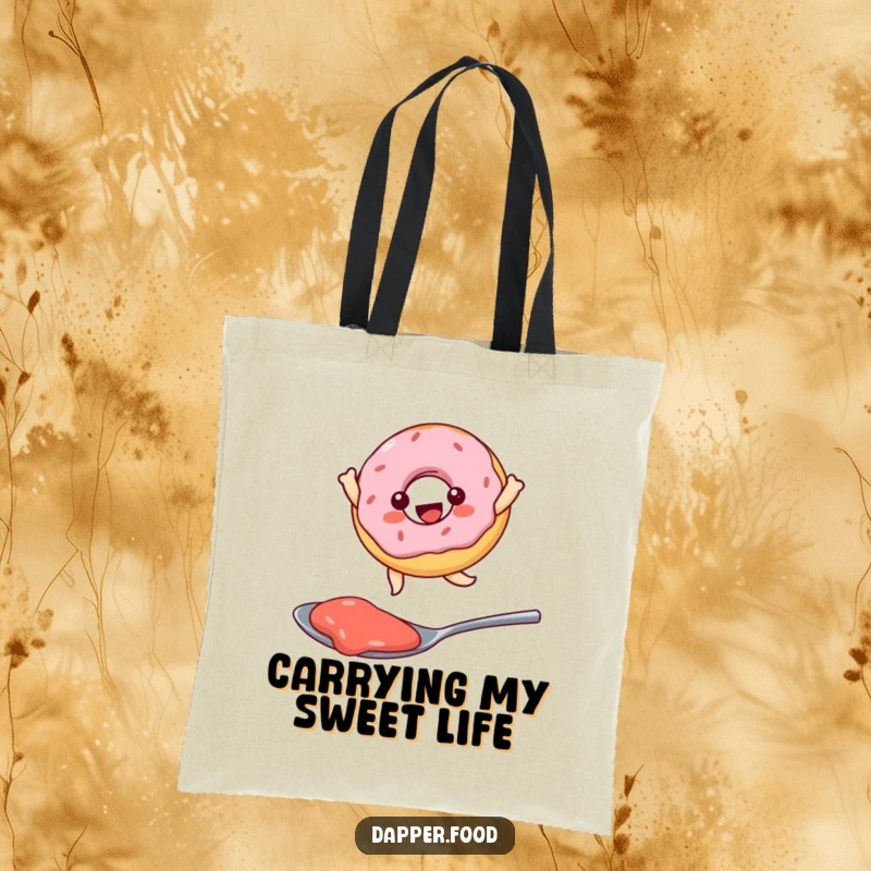 Funny Kawaii donut character joyfully leaping over a spoonful of jam, a humorous tote bag for shopping.