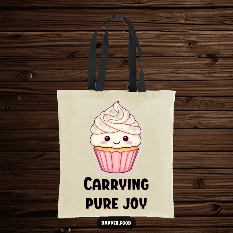 Funny cupcake tote bag celebrating with confetti, featuring a happy character with frosting hair, ideal for cheerful shoppers.