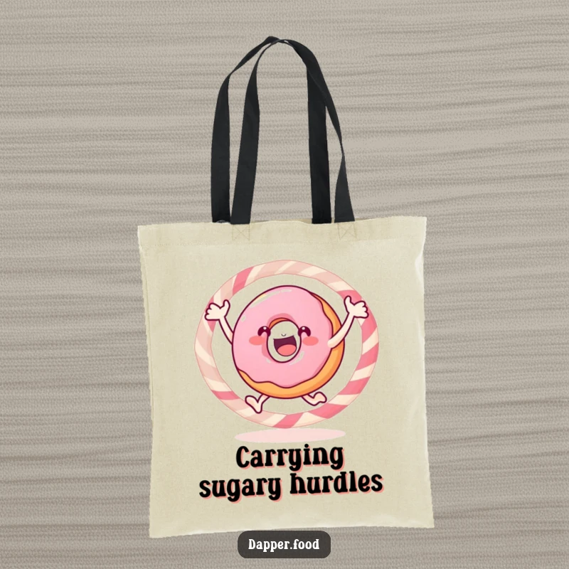 Funny donut tote bag, a gleeful pastry jumping through a candy hoop, celebrating sweet, sugary achievements.