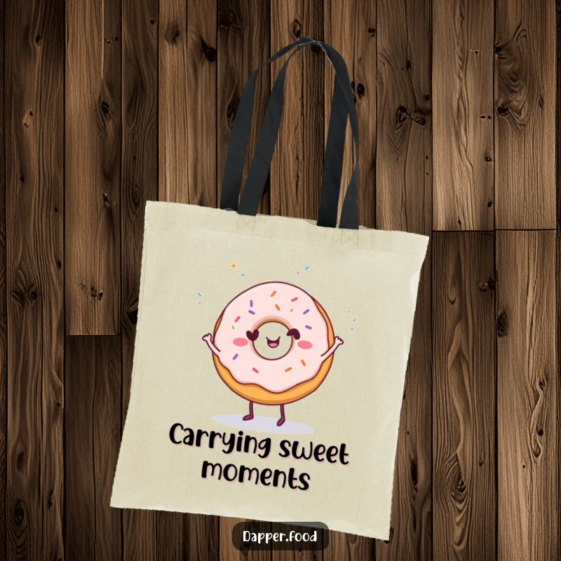 Funny Donut Dance Tote Bag: A happy donut character dancing with sprinkles, ideal for carrying festive humor and making a funny gift.