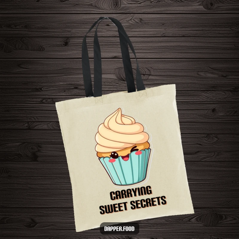Funny tote bag featuring a cheeky cupcake with tilted frosting, winking charmingly. Ideal for stylish grocery runs.