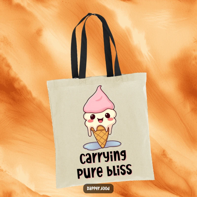 Funny Kawaii ice cream tote bag depicting a cute cone character melting with sheer happiness.