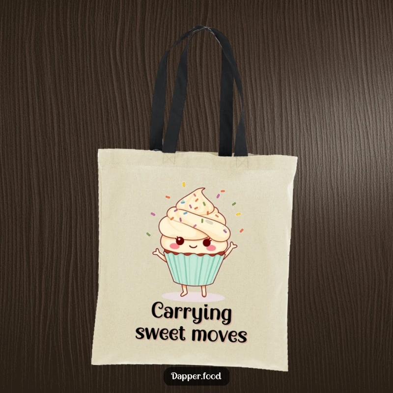 Funny Kawaii cupcake tote bag depicting a cute character dancing with sprinkles flying.