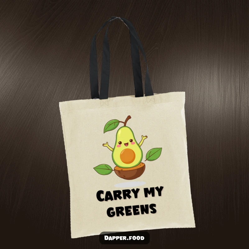 Funny tote bag illustrated with a happy avocado gracefully doing a flamboyant pirouette on its pit, ideal for healthy living.