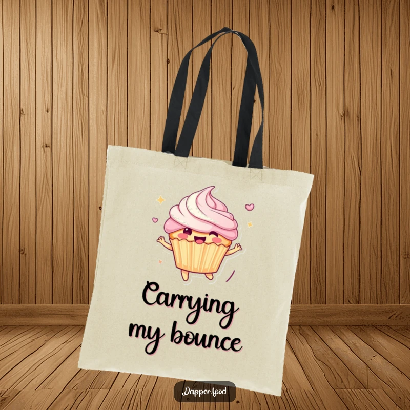 Funny Tote Bag: A cheerful anthropomorphic cupcake character bounces energetically, frosting flying, showcasing a fun and whimsical design for everyday use.