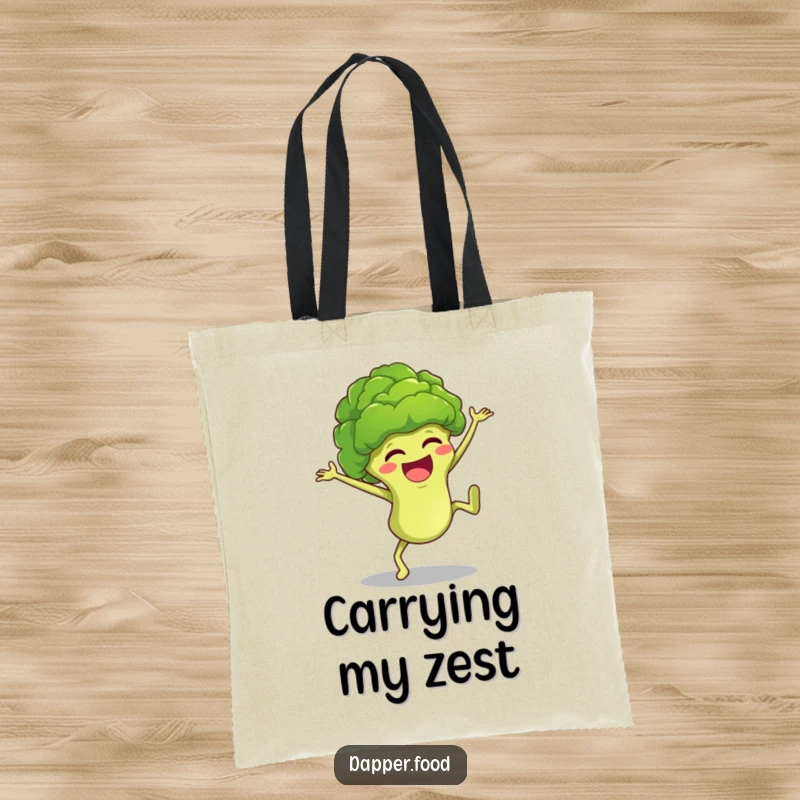 Funny broccoli character doing a happy cartwheel, ideal for a reusable tote bag that adds humor to errands.