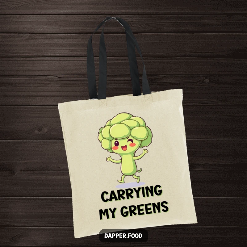 Funny Broccoli Tote Bag with a beaming broccoli floret character doing a cheerful jig, perfect for carrying essentials with healthy humor.