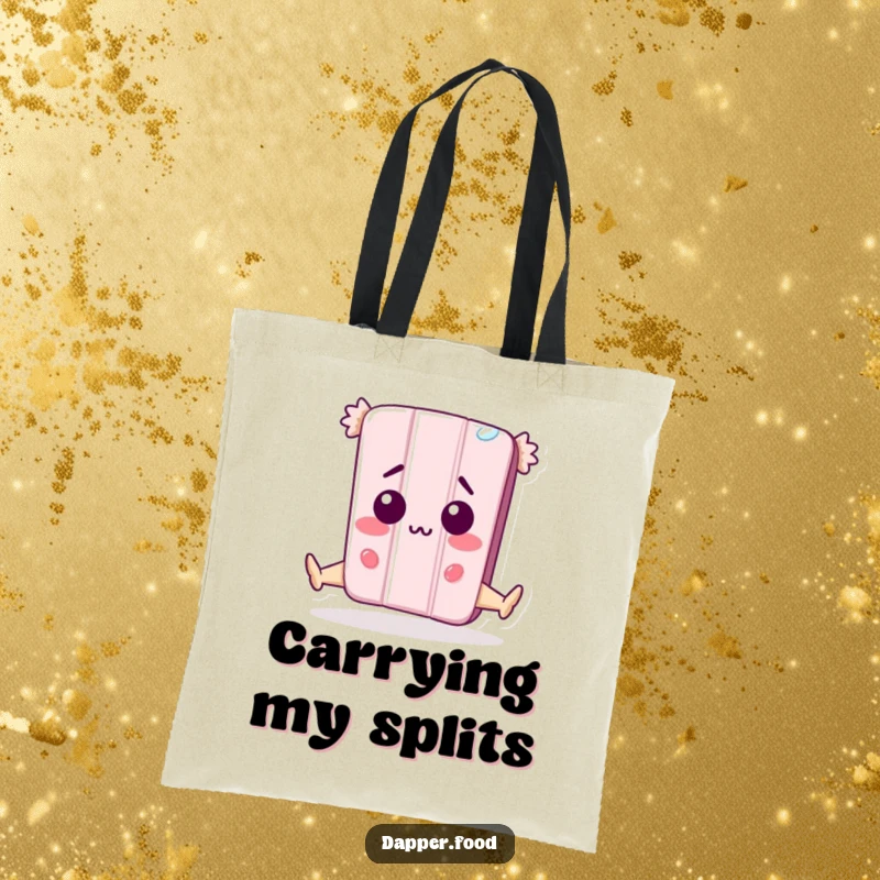 Funny Tote Bag: An anthropomorphic candy bar character attempts a surprising split, legs wide, a unique and humorous design for carrying essentials.