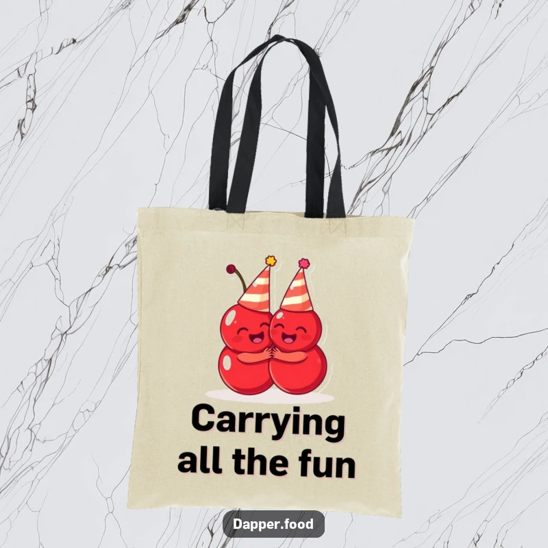 Funny cherries tote bag, adorable fruit duo in party hats hugging, perfect for shopping with a smile, great funny gift.