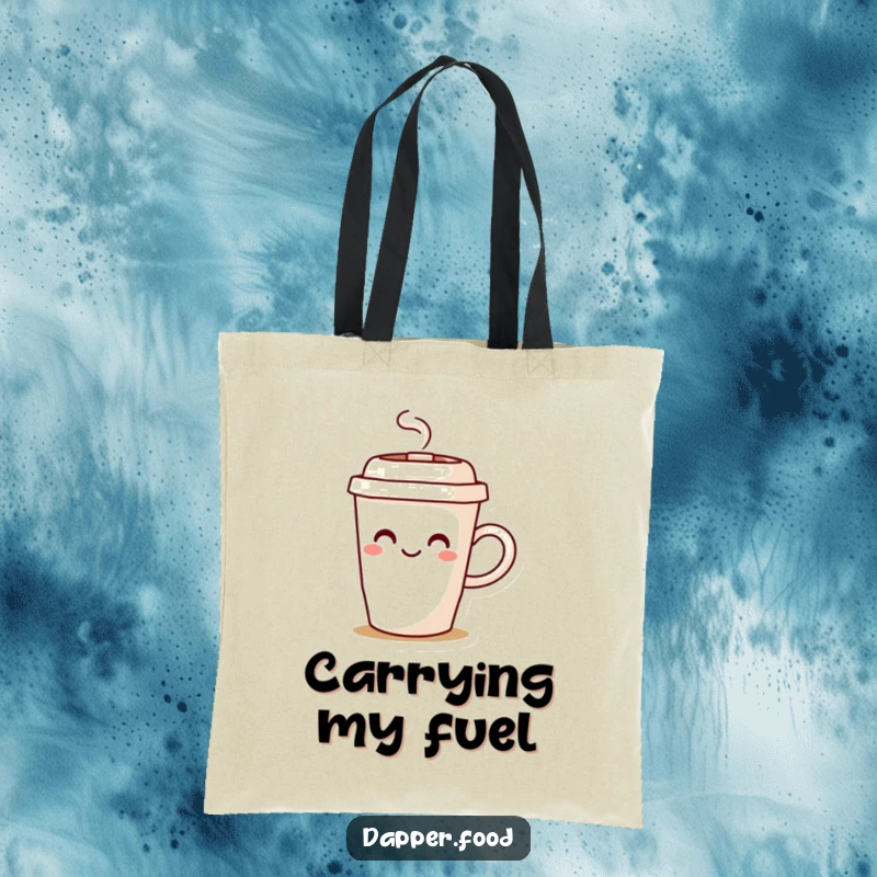 Funny coffee cup tote bag with a lid-hat character joyfully spilling steam, ideal for carrying daily essentials with a smile.