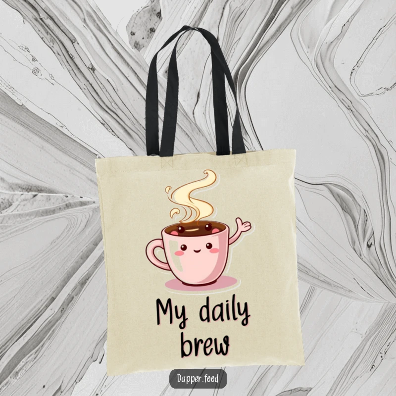 Funny Coffee Cup Tote Bag featuring a charming character with swirling steam, waving, perfect for carrying daily items with a humorous flair.