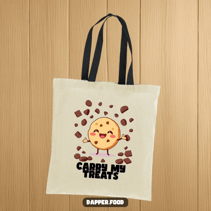 Funny tote bag illustrated with a grinning cookie enthusiastically juggling chocolate chips, ideal for kitchen adventures.