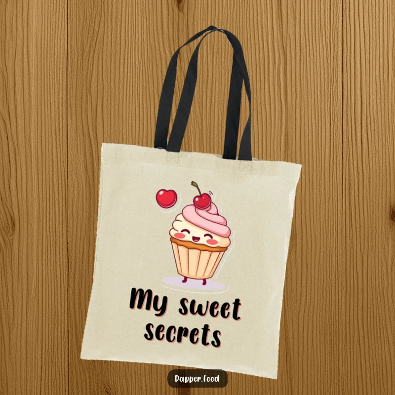 Funny tote bag illustration of a shy cupcake character playfully tossing a cherry overhead, cheeks flushed with delight.