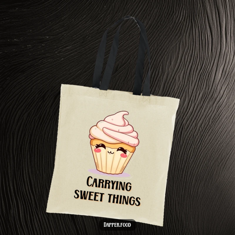 Funny tote bag with a giggling cupcake character blowing a kiss, adorned with frosting, perfect for carrying treats.