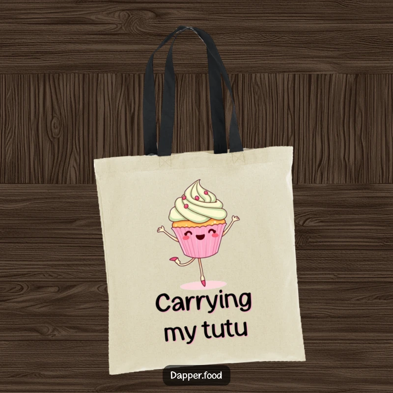 Funny tote bag illustration of a cheerful cupcake with legs performing a ballet pirouette, highlighting its sweet and artistic nature.