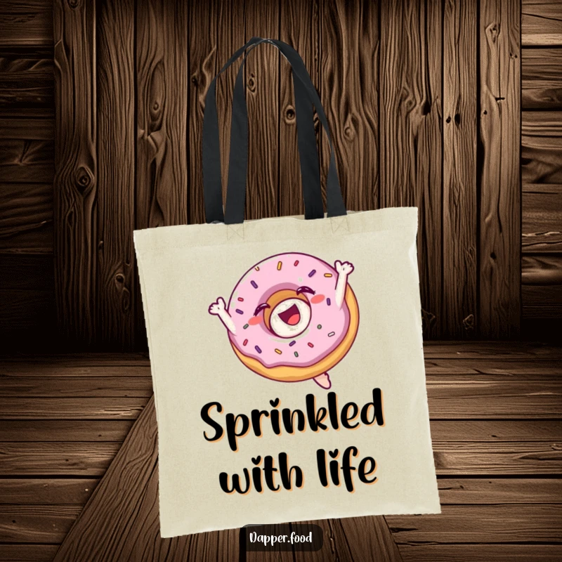Funny tote bag with a delighted donut character mid-flip, adorned with sprinkles, perfect for carrying essentials with style.