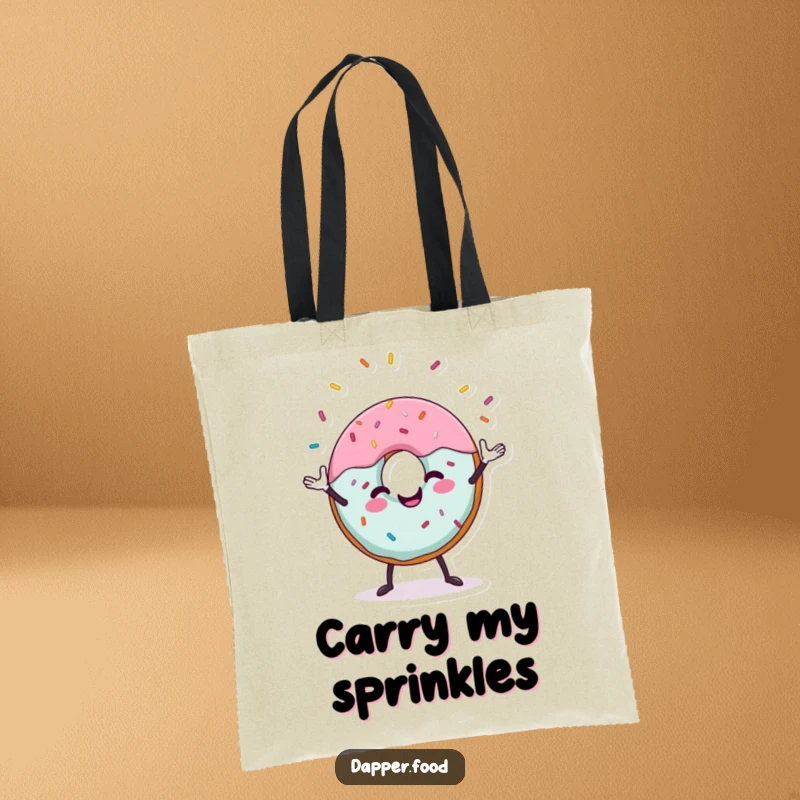 Funny donut tote bag with a cheerful donut character juggling sprinkles, a sweet and humorous accessory.