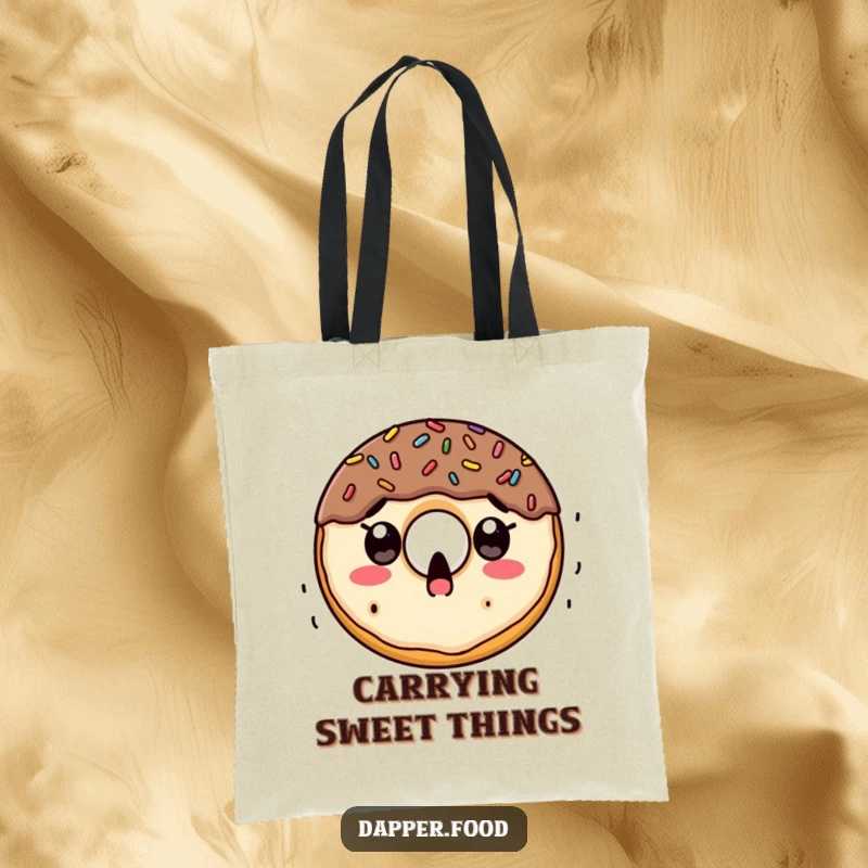 Funny tote bag illustration of a surprised doughnut character with wide eyes as a stream of colorful sprinkles falls from above.