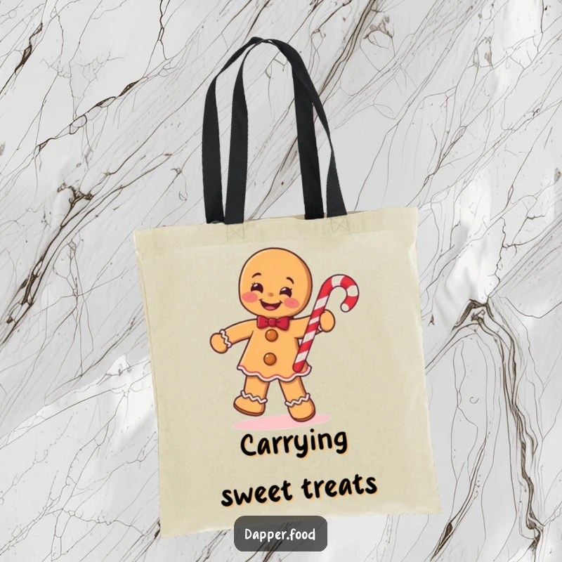 Funny Gingerbread Man Tote Bag, smiling and jigging with a candy cane, carrying holiday cheer with humorous style.