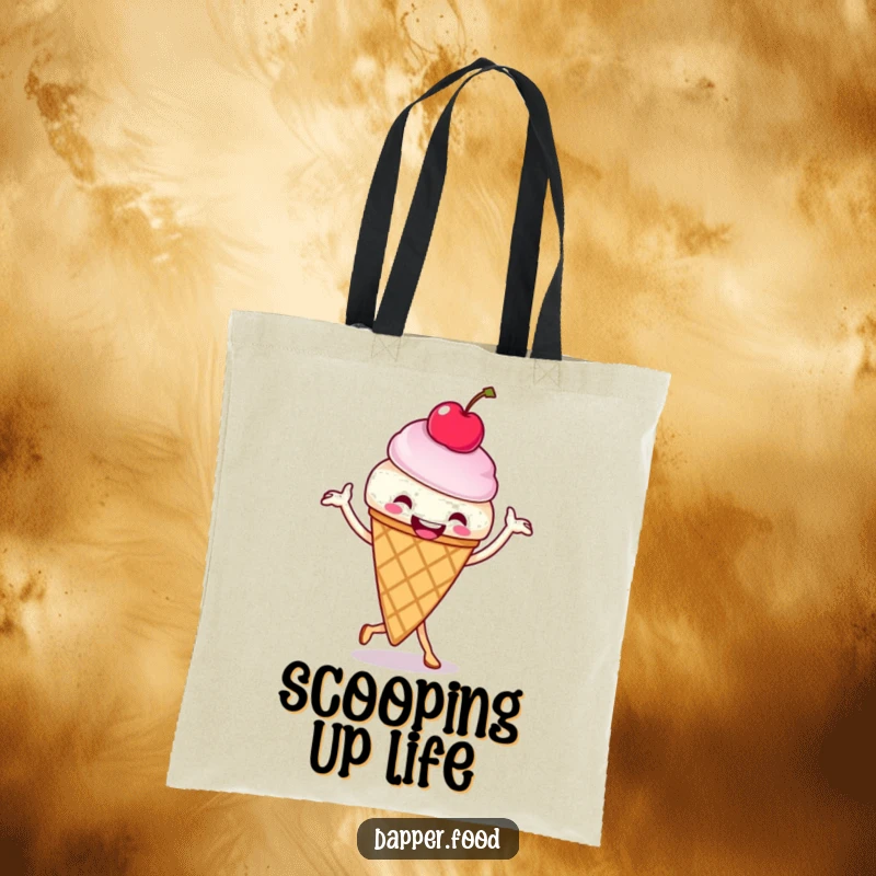 Funny ice cream cone tote bag showcasing a cherry-topped treat doing a happy jig, perfect for carrying groceries with glee. A useful funny gift.