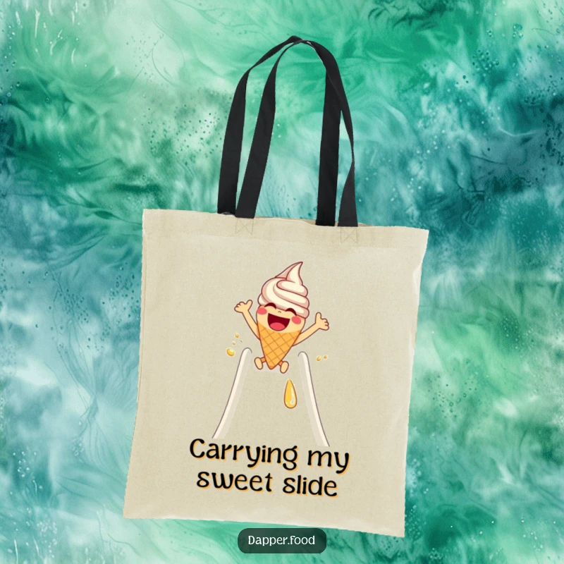 Funny Tote Bag: A laughing ice cream cone with arms slides down a syrup slide, a sweet and humorous accessory.