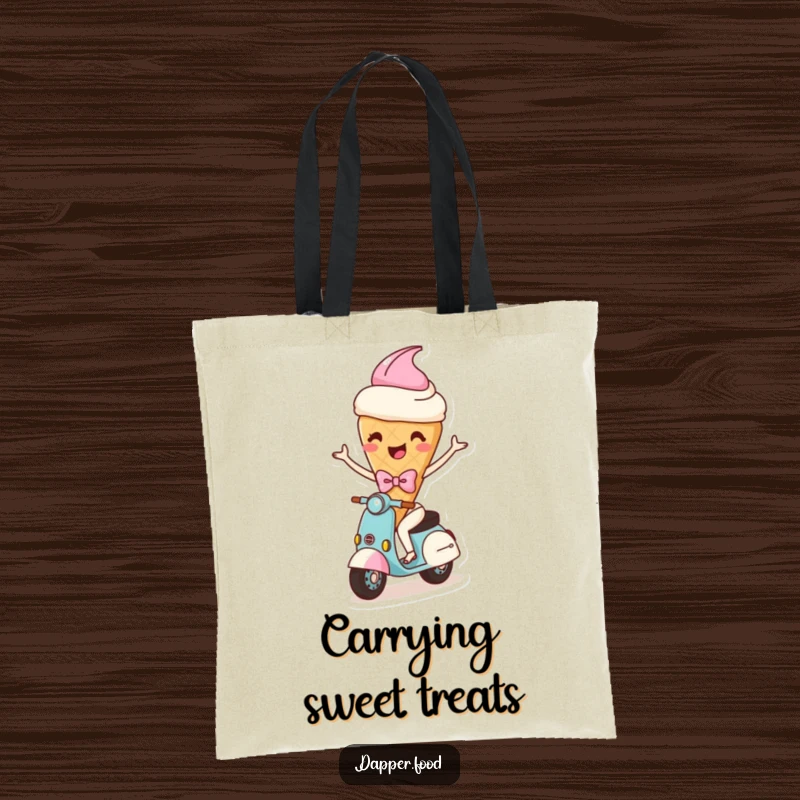 Funny tote bag showing a happy ice cream cone character with arms and a bow, comically riding a scooter, perfect for carrying items.