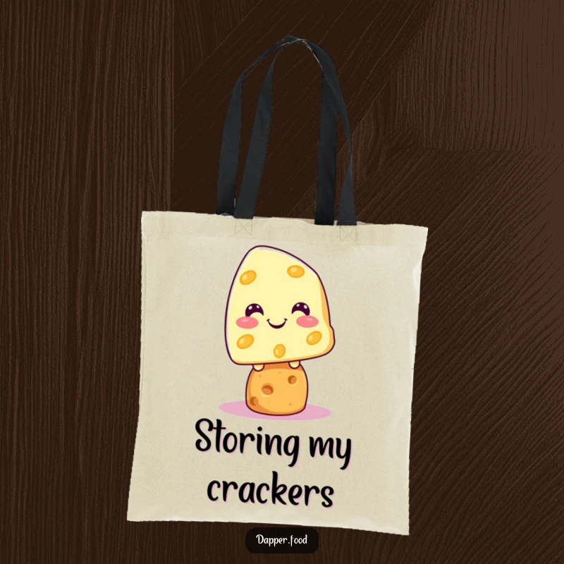 Funny Kawaii cheese character grinning atop a cracker, printed on a durable tote bag, perfect for shoppers.